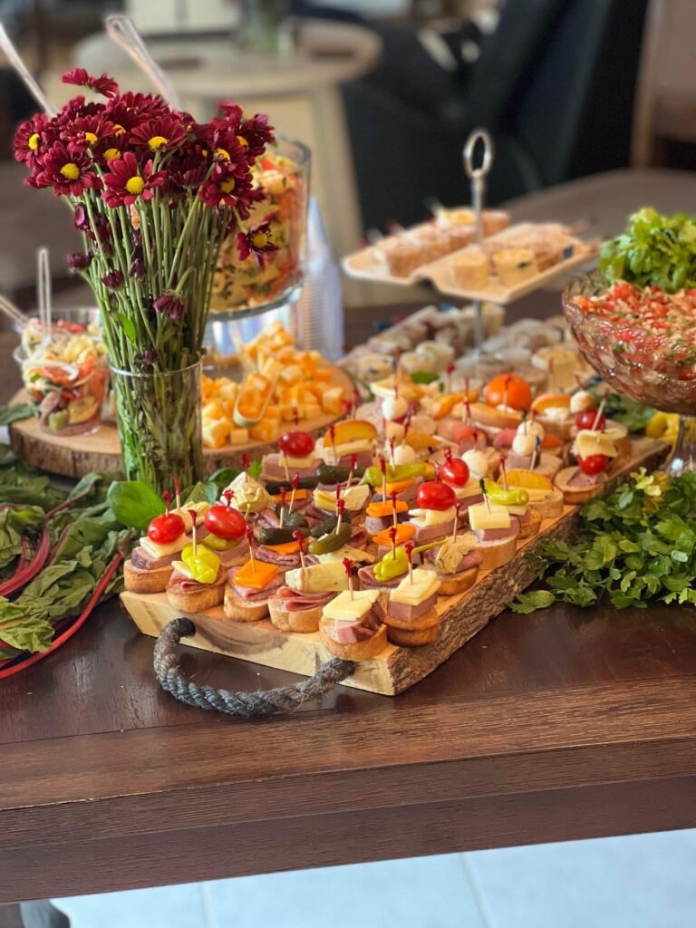Sandwiches, fruit and snacks prepared for a bridal party lunch