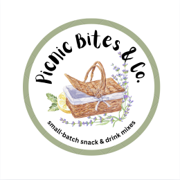 Picnic Bites & Co. logo featuring a picnic basket, lemon and lavender