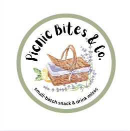 Picnic Bites logo featuring a picnic basket, lemon and lavender